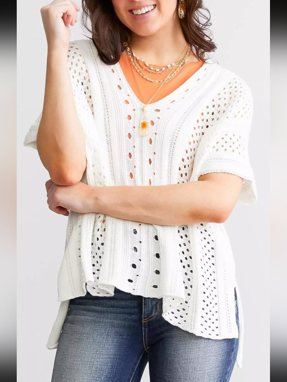 Daytrip Pointelle Dolman Crochet V-Neck Short Sleeve Sweater Top White